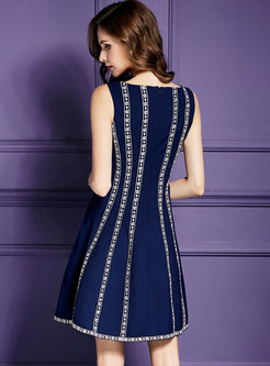 Deep Blue Sleeveless Embroidery A Line Dress