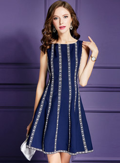 Deep Blue Sleeveless Embroidery A Line Dress
