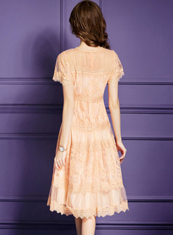 Lace Flare Sleeve Gathered Waist Midi Dress