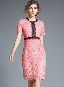 Pink Lace Hollow Out Bodycon Dress
