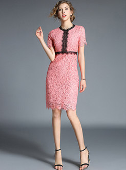 Pink Lace Hollow Out Bodycon Dress