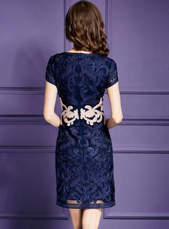 Deep Blue Elegant Slim Embroidery Formal Dress