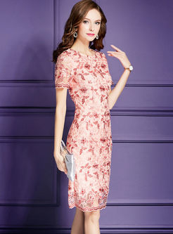 Pink Short Sleeve Embroidery Formal Slim Dress