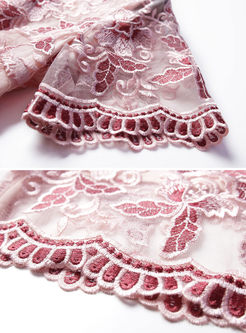 Pink Short Sleeve Embroidery Formal Slim Dress