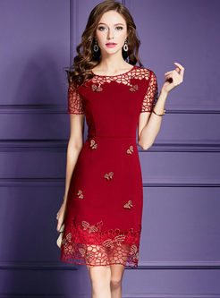 Fashion Mesh Embroidered Butterfly Sheath Dress