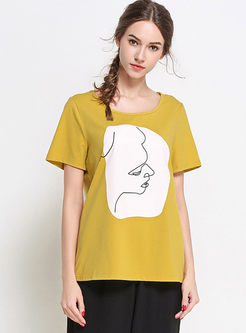 Casual Round Neck Print Cotton T-shirt