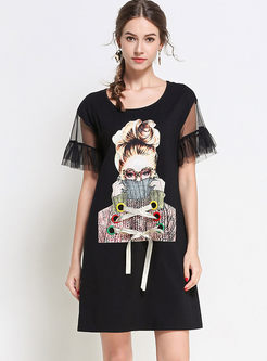 Fashion Lace-up Mesh Stitching T-shirt Dress