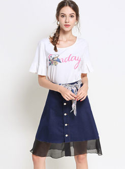 White Letter Print Cotton T-shirt & Denim Splicing Skirt