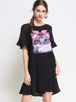 Black Cat Print Chiffon Shift Dress