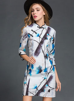 Retro Linen Three-quarter Sleeve Stand Collar Dress