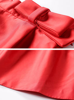 Red Bowknot Big Hem High Waist Skirt