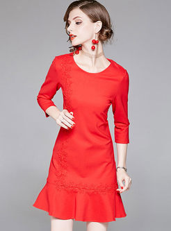 Solid Color Stitching Three-quarter Sleeve Formal Dress