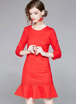 Solid Color Stitching Three-quarter Sleeve Formal Dress