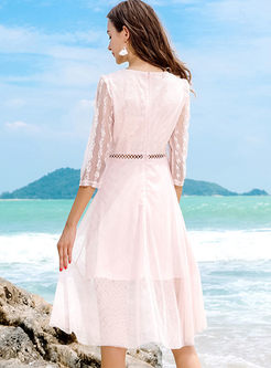 Pink Lace Hollow Out A Line Dress