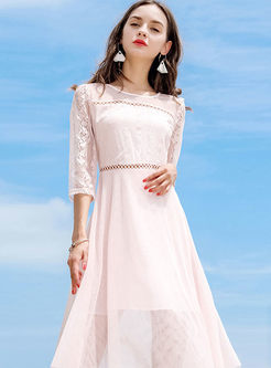 Pink Lace Hollow Out A Line Dress