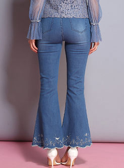 Blue Embroidery Split Flare Pants