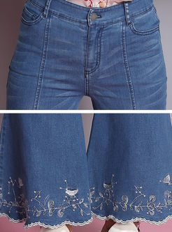 Blue Embroidery Split Flare Pants