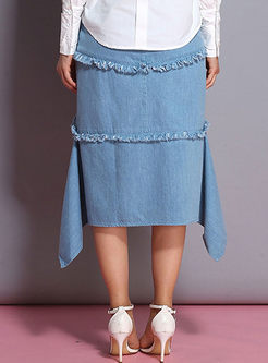 Stylish Fringed Asymmetric Denim Skirt