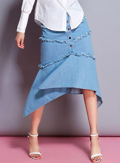 Stylish Fringed Asymmetric Denim Skirt