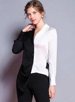 Stylish Contrast Color Long Sleeve Blouse