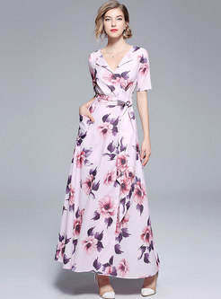 Flower Print Belted Slit Maxi Dress