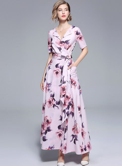 Flower Print Belted Slit Maxi Dress