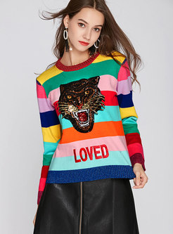 Rainbow Striped Sequin Embroidery Sweater