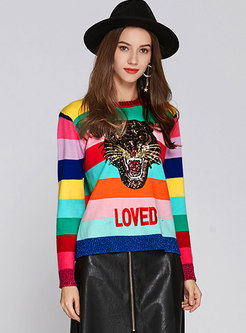 Rainbow Striped Sequin Embroidery Sweater