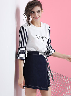 Striped Three Quarters Sleeve Blouse & Asymmetric Skirt