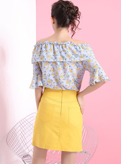 Floral Print Slash Neck Top & Yellow Sheath Skirt