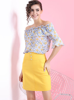 Floral Print Slash Neck Top & Yellow Sheath Skirt