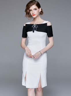 Monochrome Off Shoulder Slit Sheath Dress