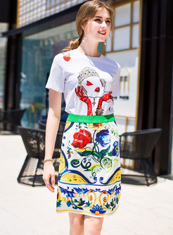 Fashion Short Sleeve T-shirt & Print Skirt