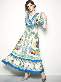 Ethnic Printing V-neck High Waist Maxi Dress