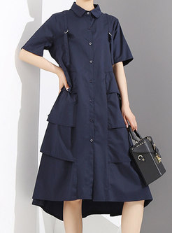 Deep Blue Plus Size Splicing Shirt Dress