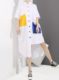 White Pockets Patchwork Asymmetric Shirt Dress