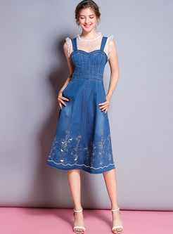Blue Round Neck Mesh Top & Denim Embroidery Slip Dress