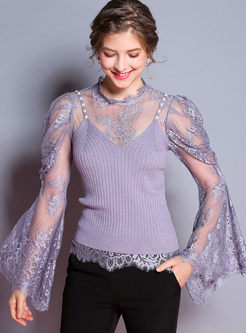 Lace Beaded See Through Knitted Top With Camis