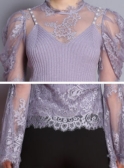 Lace Beaded See Through Knitted Top With Camis