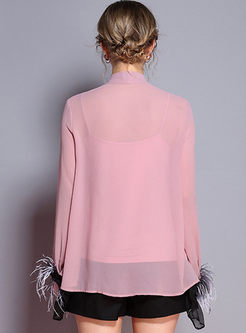 Stylish Tied Feather Splicing Blouse