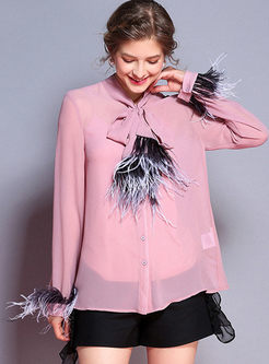 Stylish Tied Feather Splicing Blouse
