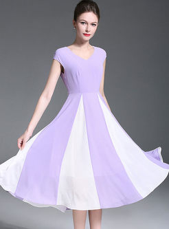 Purple Chiffon V-neck Splicing Big Hem Dress