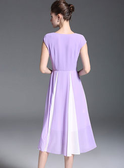 Purple Chiffon V-neck Splicing Big Hem Dress
