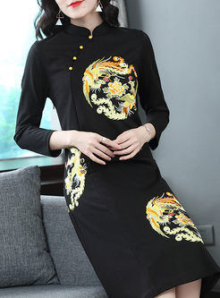 Red Stand Collar Phoenix Embroidery Shift Dress