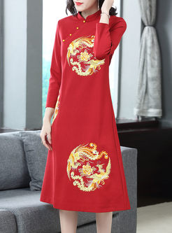 Red Stand Collar Phoenix Embroidery Shift Dress
