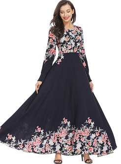 Blue Floral Print Waist Maxi Dress