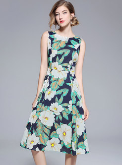 Stylish Flower Print Sleeveless A Line Dress