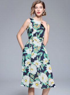 Stylish Flower Print Sleeveless A Line Dress