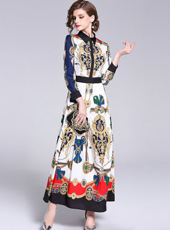 Ethnic Printing Big Hem Color-Blocked Maxi Dress