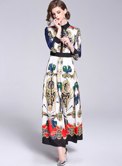 Ethnic Printing Big Hem Color-Blocked Maxi Dress